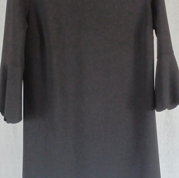 SHE + SKY Solid Black Scalloped Hem Dress Bell Sleeve Office Party Mod Retro M - Picture 2 of 12